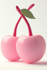 Wall Mural - Two pink cherries with leaves on them. Generative AI.