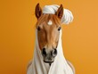 A horse wearing a towel on its head in a spa salon. Generative AI.
