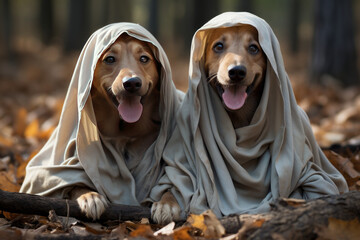 two Dogs in Ghost Costume, A curious pet Halloween fun. Generative Ai