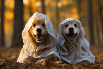 two Dogs in Ghost Costume, A curious pet Halloween fun. Generative Ai