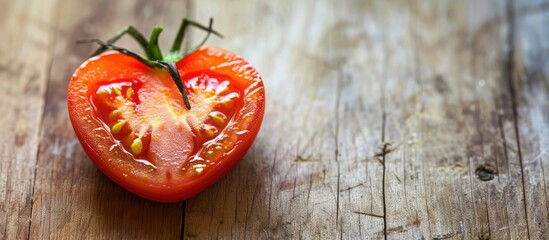 Poster - A heart-shaped half of a red tomato sits on a wooden surface, ready to be used in a nutritious meal. The tomato is vibrant and fresh, creating a simple yet appealing composition.