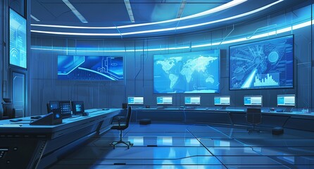 control room where we can see the interconnectedness of the world with shades of blue and shadows