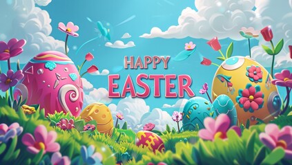 Wall Mural - HAPPY EASTER an easter scene with eggs and flowers in the style of epic landscapes Generative AI