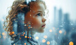 Double exposure of cute little girl and Futuristic internet communication concept 