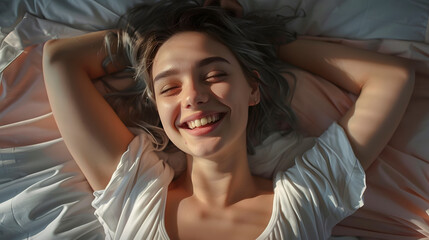 a very happy young woman lying on her bed smiling