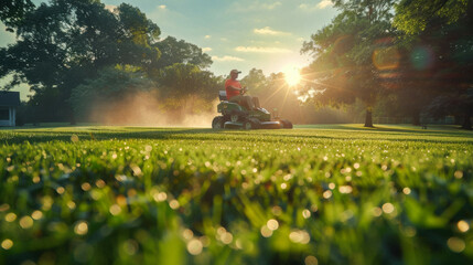 A landscaper operating a ride-on lawn mower