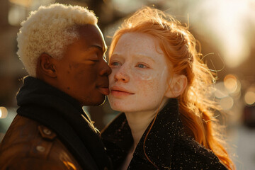 Two people, one with albinism in a candid street photo