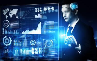 Poster - XAI 3D Rendering futuristic robot technology development, artificial intelligence AI, and machine learning concept. Global robotic bionic science research for future of human life.