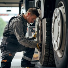 auto mechanic changing a wheel on a car at a service station. AI generated