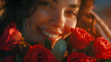 Wall Mural - beleza sorridente segurando buquê de rosas vermelhas, presente dia dos namorados 