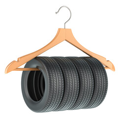 Fototapete - Seasonal Tire Storage, concept. Wooden hanger with car tyres, 3D rendering isolated on transparent background