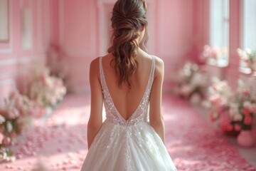 Wall Mural - Bride in white wedding dress in a dreamy pink setting. Back view of a beautiful woman. Concept of romantic bridal style, lavish weddings, and elegant femininity.