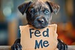 Charming hungry black puppy with pleading eyes holding a 