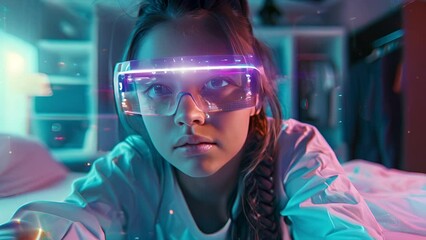 Wall Mural - Slow motion portrait of a Gen-Z young girl looking intensely at a computer monitor while wearing augmented reality glasses