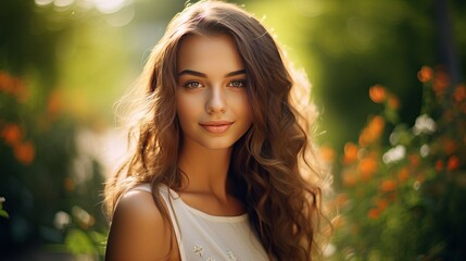 Wall Mural - Portrait close up of young beautiful woman, on green background summer nature