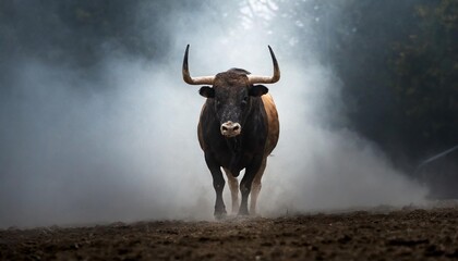 Wall Mural - bull emerges from the fog in the dark