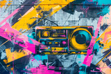 Fototapeta Góry - Boombox tape recorder with colorful funky arrows and notes , positioned in front of vibrant graffiti