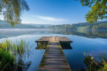 Wall Mural - Serene lake with a wooden jetty in a tranquil forest setting