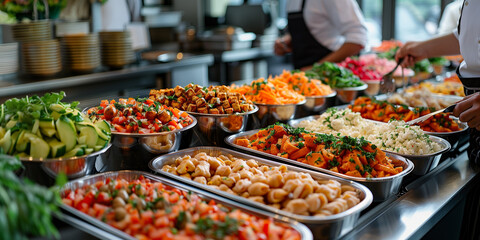 Buffet style food in trays