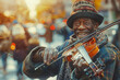 A street musician playing the violin, their case open for donations, the music filling the air with beauty and hope.