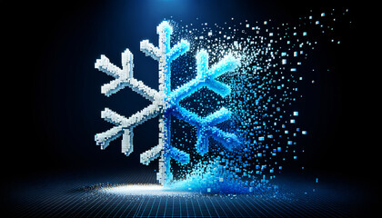 Sticker - Digital Snowflake Disintegrating in Vivid Blue and White Pixels