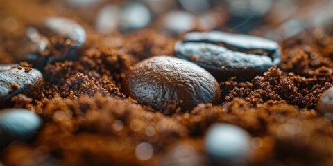 Roasted coffee beans and ground coffee on dark background. Copy space