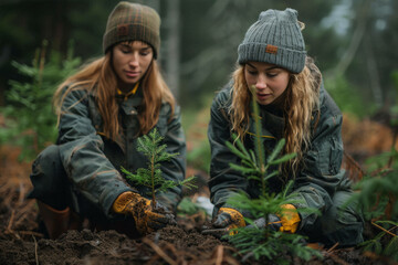 two environmental activists planting trees in a deforested area, their hands covered in soil, a symb