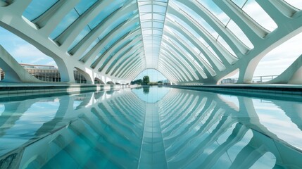 Poster - A shimmering oasis of light and luxury, this pool with a large roof invites you to bask in the tranquility of its reflective waters while the warm rays of daylight dance through the stunning architec