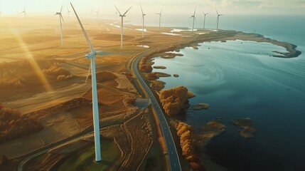 Poster - A solitary wind turbine stands tall against the backdrop of a breathtaking sunset, overlooking the tranquil sea and rugged coastline