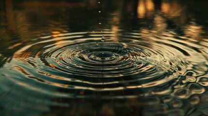 Aufkleber - A tranquil scene unfolds as crystal drops of water fall gently into a serene pond, creating a mesmerizing reflection and rippling the fluid surface