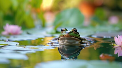 Wall Mural - Frog peeking out from pond water with lilies