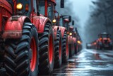 Fototapeta Natura - A vibrant line of crimson tractors traverse the fertile land, their sturdy tires and powerful wheels propelling them forward as symbols of hard work and the enduring spirit of the outdoors