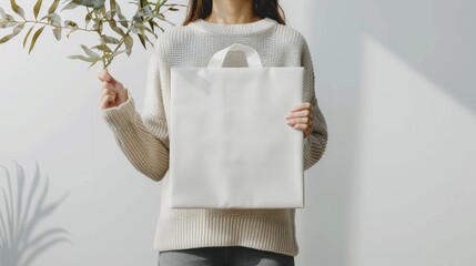 Wall Mural - woman is holding blank bag canvas fabric for mockup template