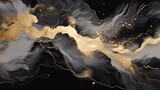 Fototapeta Niebo - Abstract black fluid art liquid alcohol inks splash background with gold metal glitter