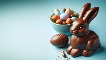 Poster - cute chocolate easter bunny with eggs on blue background