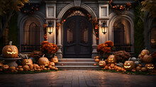 Halloween Front Yard With Pumpkins And Halloween Props Stock Photo