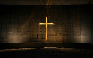 Wall Mural - a cross lit up in the dark against the wall Generative AI
