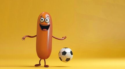 sausage with a soccer ball in his hands. In the background there is a bright yellow background. funny moment that attracts attention. for use in advertising sporting events, football broadcasts. Baner