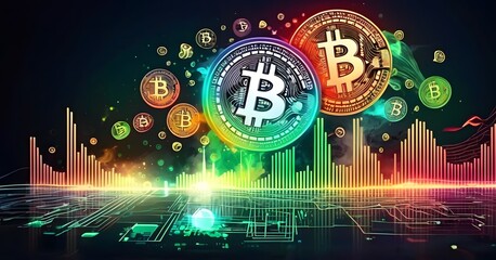 Fototapete - A collection of bitcoins are displayed floating in the air on a vibrant background, creating an artistic scene with graphics and patterns