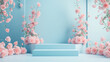 Blue podium decorated with beautiful pink roses as a mockup for product presentation in soft pastel colors