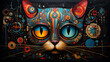 cat head multicolor abstract black outline, with flowers