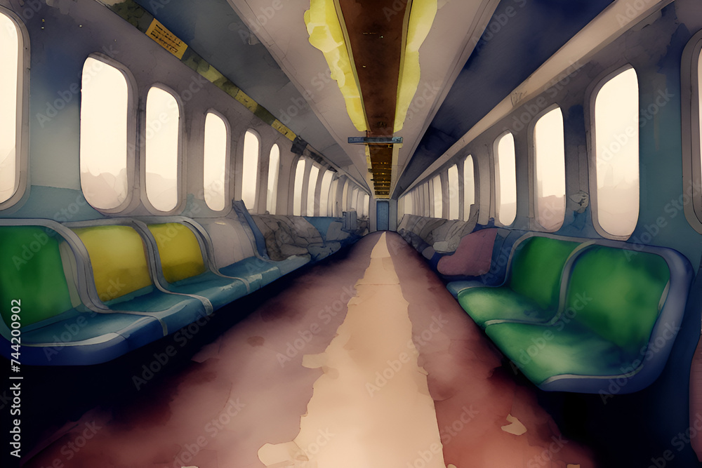 Inside of a public subway train in the transportation railway network ...