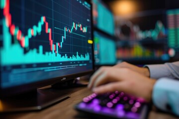Poster - A person sits at a desk and types on a keyboard while looking at a monitor, Focus on a stock market graph on a businessmanâ€™s computer, AI Generated