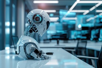 Poster - A robotic device perched on a plain white table, showcasing its presence and functionality, Futuristic concept of accounting with paperless offices and AI assistants, AI Generated