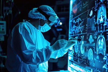 Poster - A person wearing a white coat and hat focused on a computer screen, Futuristic medical technology conducting remote surgery, AI Generated