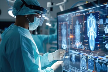 Poster - A skilled surgeon carefully studies a computer screen as they perform a medical procedure in an operating room, Futuristic medical technology conducting remote surgery, AI Generated