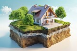 Fototapeta Perspektywa 3d - House With Trees on Top of Land, Geothermal heating and cooling systems in the construction of energy-efficient residential buildings, AI Generated