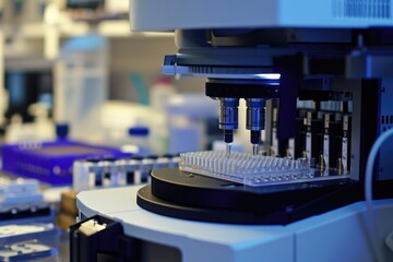 Poster - This photograph captures a machine with an intricate system of interconnected tubes, showcasing its complex design and functionality, Gene sequencing machine in a laboratory setting, AI Generated