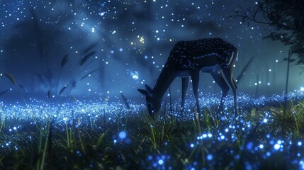 Poster - A majestic deer serenely feeds beneath a starlit sky, its graceful form illuminated by a field of shimmering blue lights