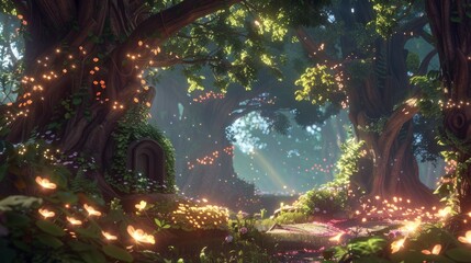 Aufkleber - Under the starry night sky, the trees in the enchanted forest glowed with ethereal lights, creating a mystical outdoor wonderland